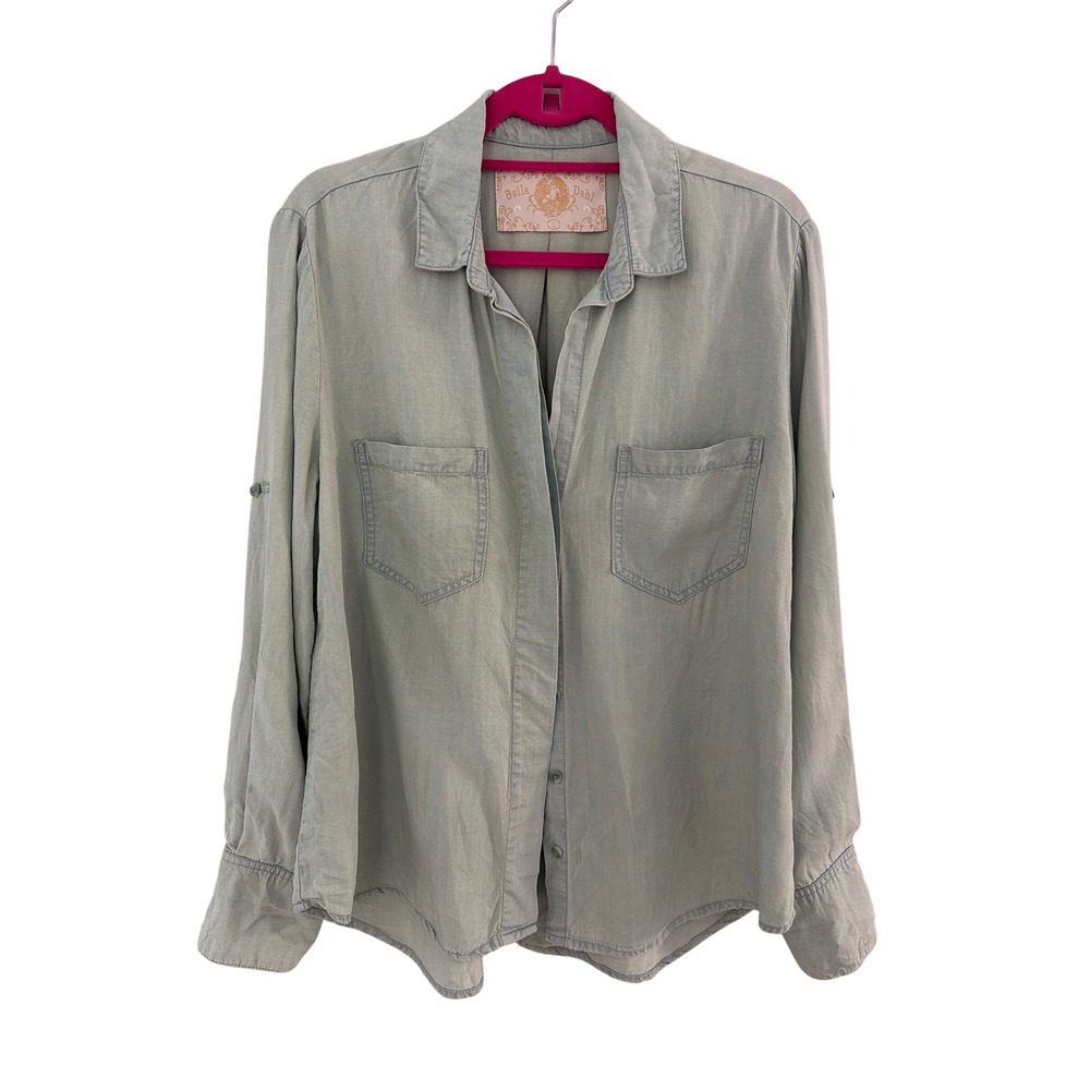 Bella Dahl Sage Green Tencel Roll Tab Split Back Button Down Shirt Women Large